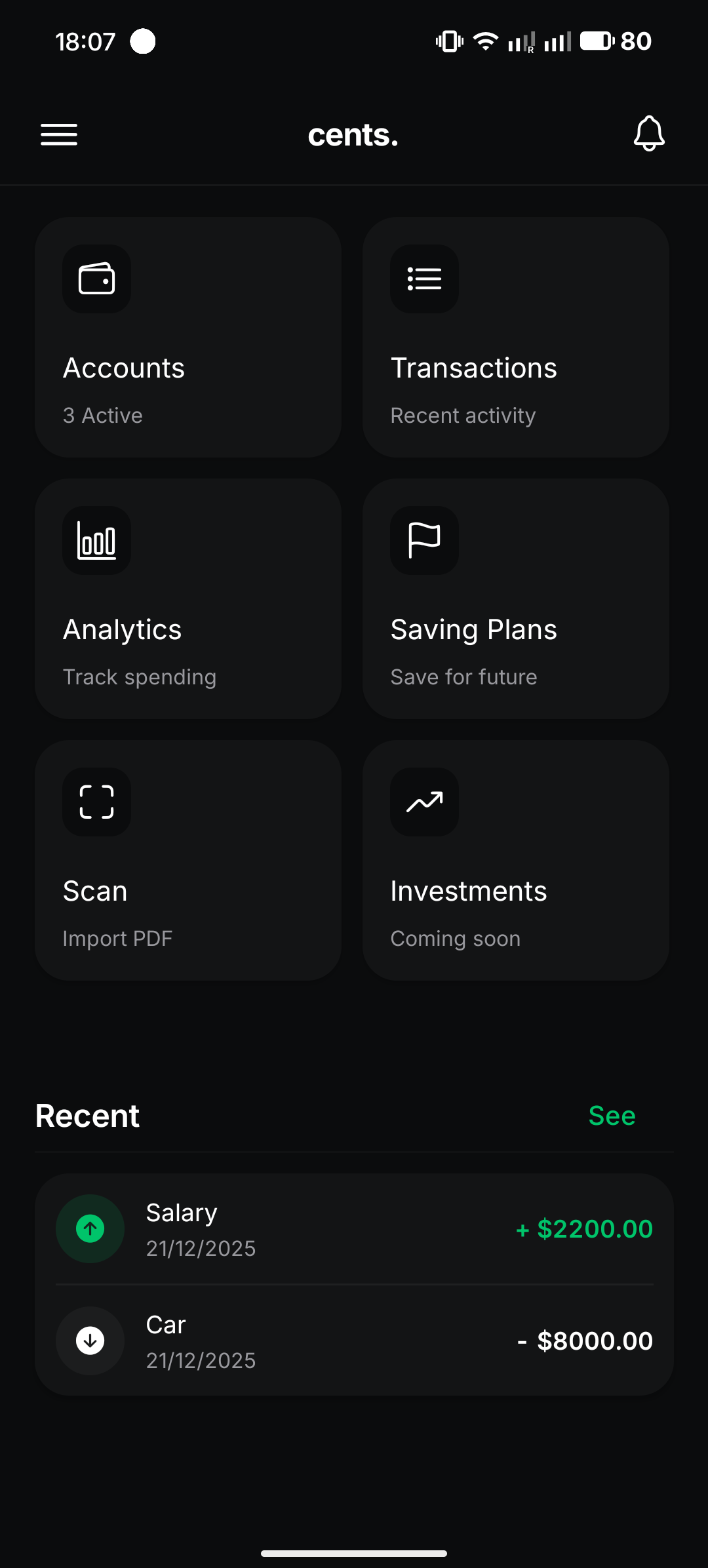 Cents App Dashboard